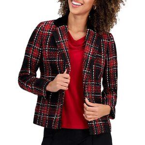 NWT Kasper Notch Collar Open Front Tweed Jacket w/ Velvet Neck Fire Red Multi 8